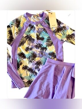 NWT-14Y Grace Karin 
Purple Pastel Palm Tree 
Soft boyshort skort Rash Guard Set